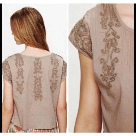 Free People Tan / Nude Embroidered Quills Cropped Top Size Small - Picture 2 of 16